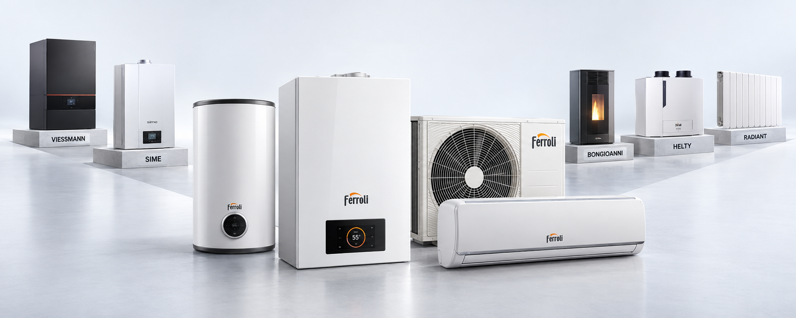 Prodotti Ferroli in primo piano con Viessmann, Sime, Bongioanni, Helty e Radiant disposti a V